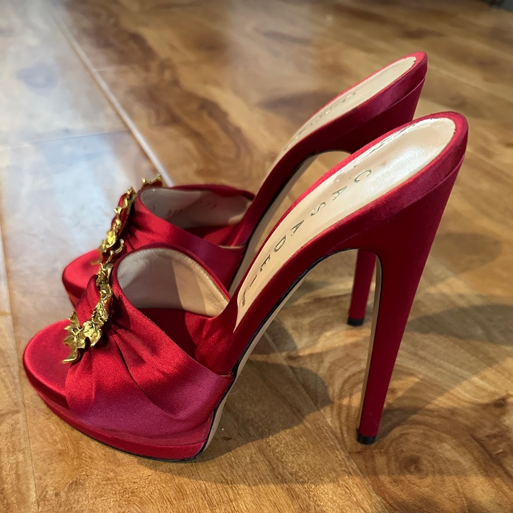 Casadei red satin pumps gold buckle sz 37/7